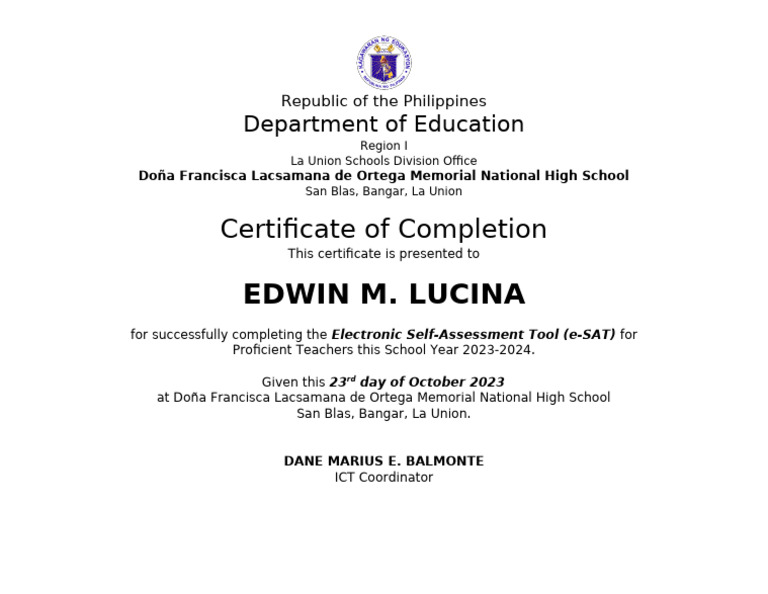 ESAT Certificates - Proficient | PDF