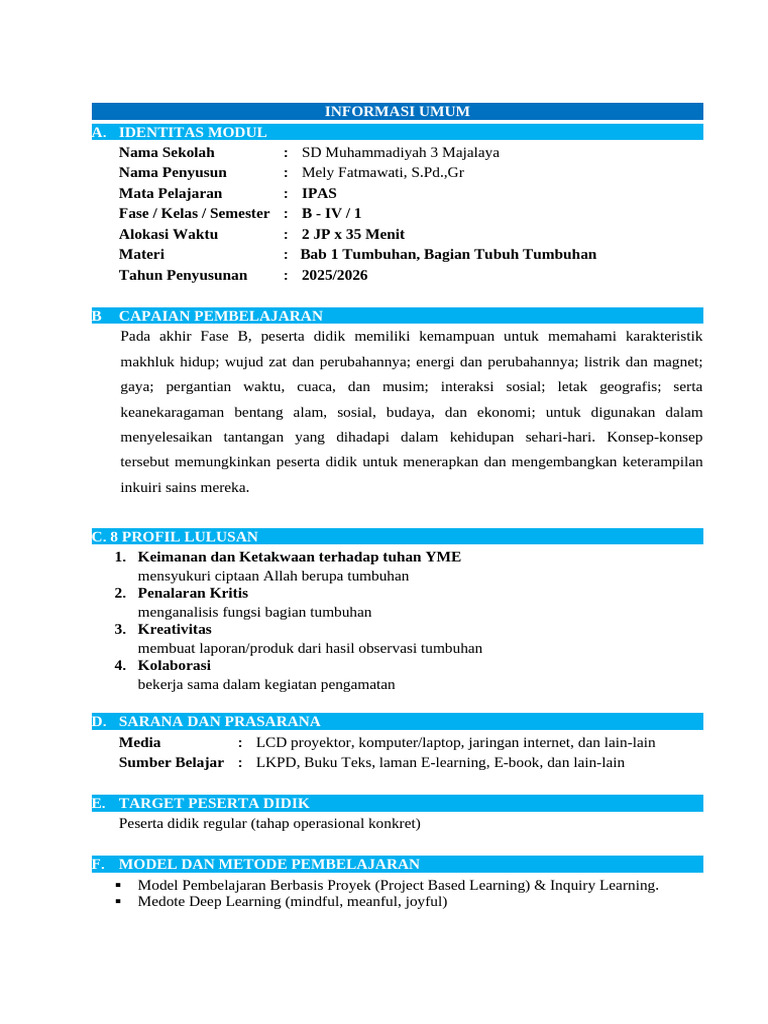 Modul Pembelajaran Tumbuhan SD Muhammadiyah | PDF
