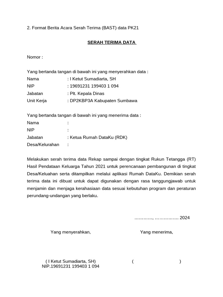 Format BAST Serah Terima Data PK21 | PDF