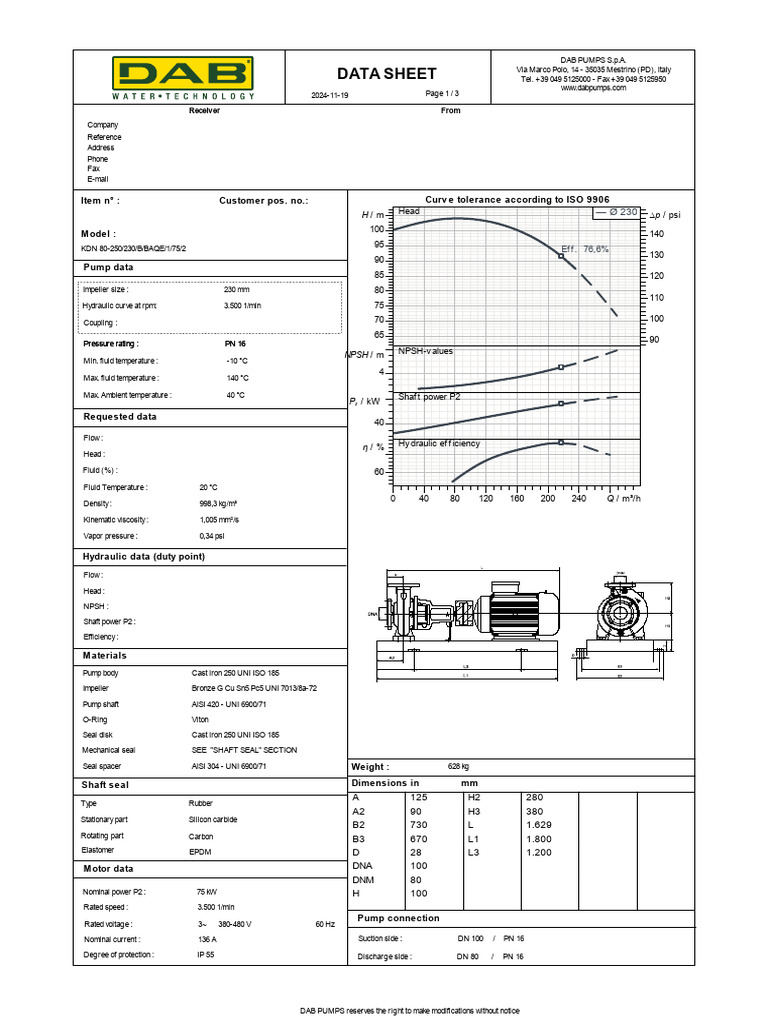 Data Sheet KDN 80-250 230 B BAQE 1 75 2 | PDF | Pump | Gases
