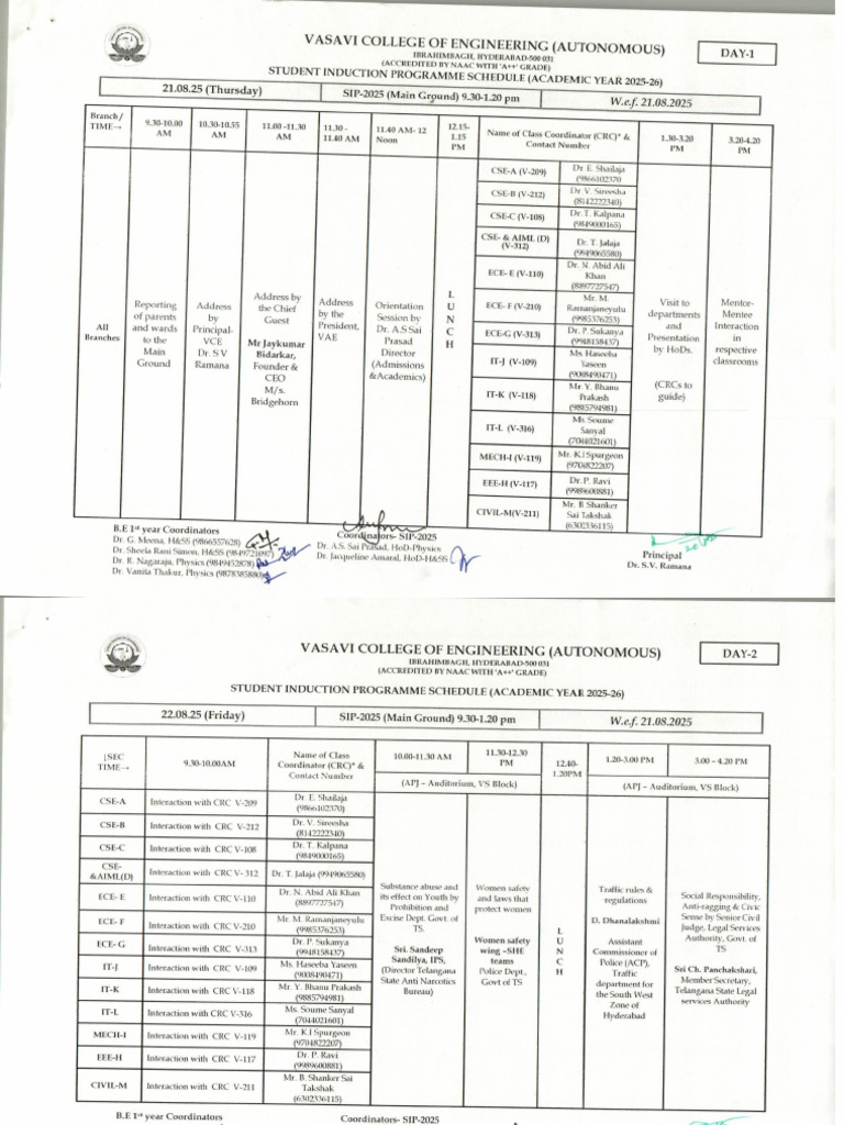 Student Induction Programme SIP 2025 Schedule | PDF