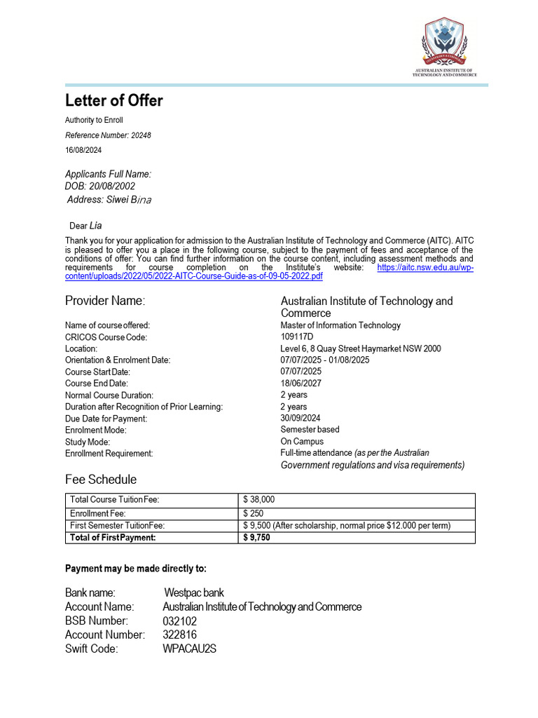 AITC Offer Letter and Acceptance of Offer - New | PDF