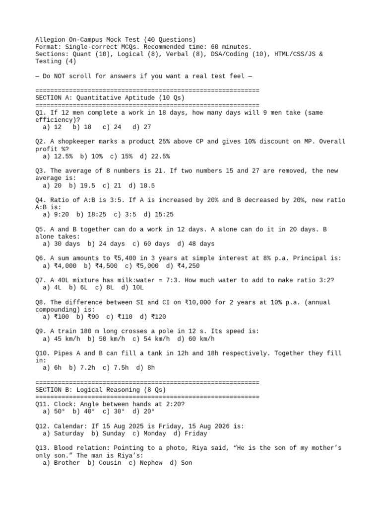 Allegion Mock Test: 40 MCQs for Assessment | PDF | Algorithms And Data ...