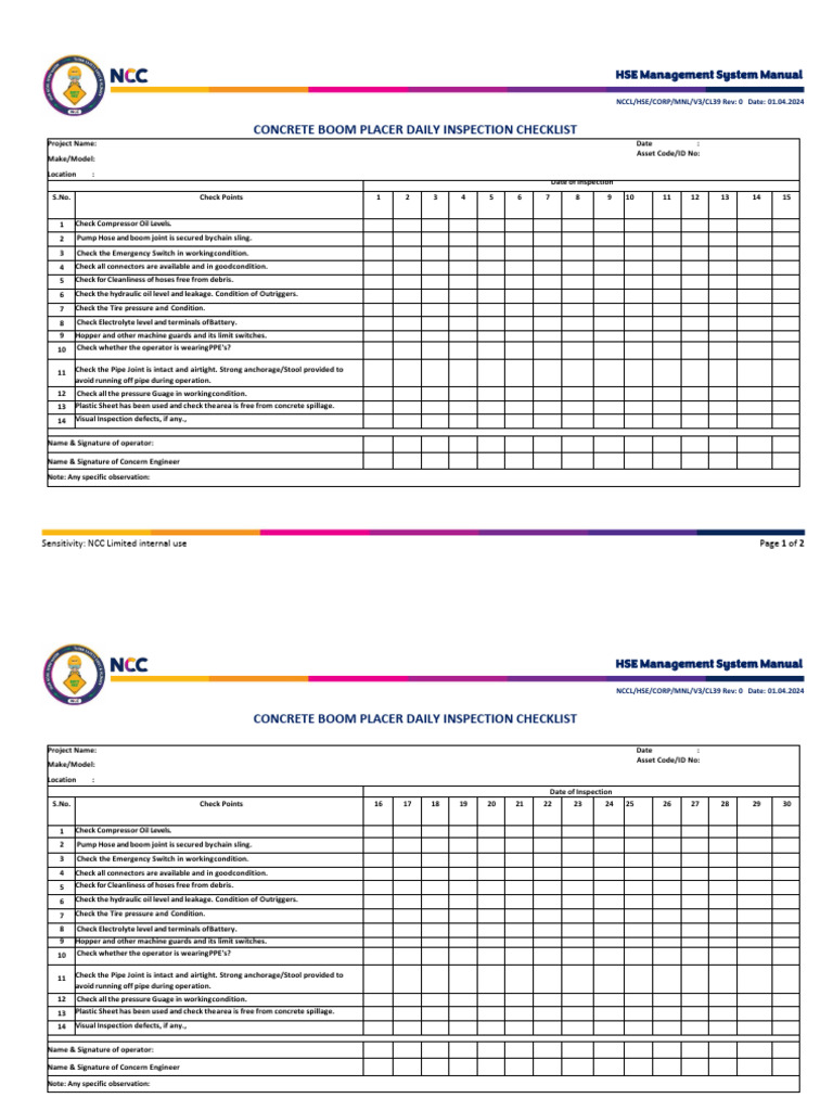 Concrete Boom Placer Inspection Checklist | PDF | Gas Technologies ...
