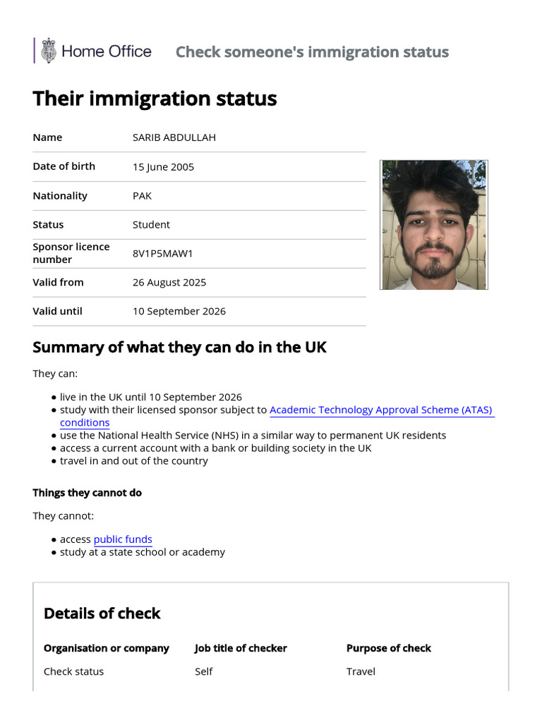 Immigration Status Check for Sarib Abdullah | PDF