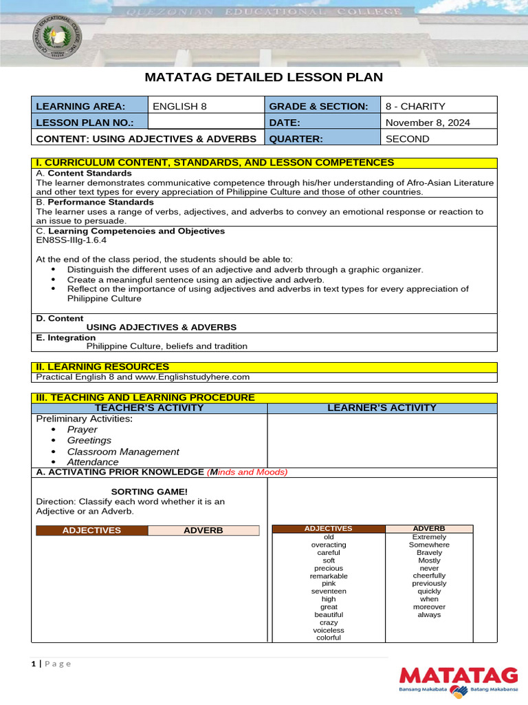English 8 Lesson Plan: Adjectives & Adverbs | PDF | Adverb | Adjective