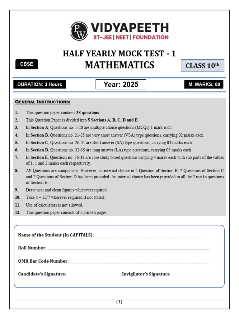 Class 10 Half Yearly Math Mock Test | PDF | Zero Of A Function | Area