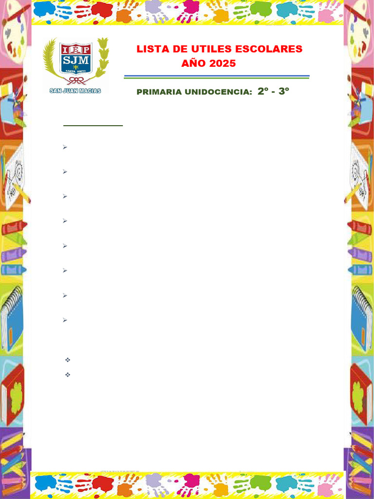 Lista de Utiles Escolares Unidocencia Primaria 2025 | PDF