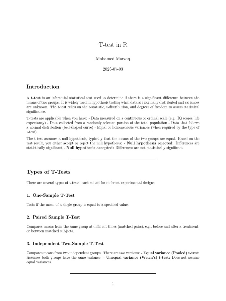 One-Sample T-Test in R Explained | PDF | Student's T Test | Statistics