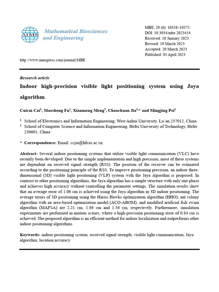 Indoor High-Precision Visible Light Positioning System Using Jaya ...