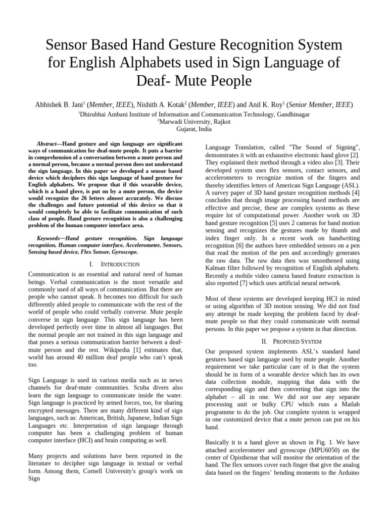 Sensor Based Hand Gesture Recognition System For | PDF | Sign Language ...