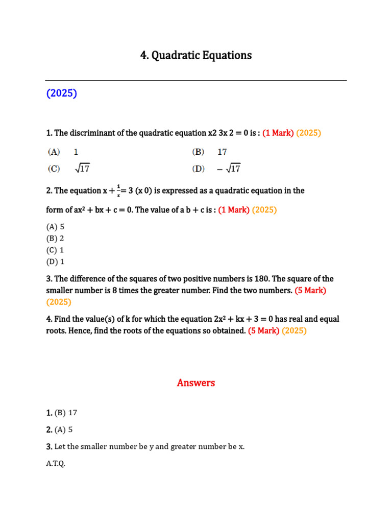 Quadratic Equations: Problems & Solutions | PDF | Quadratic Equation ...