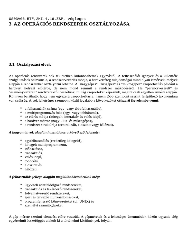 Az Operációs Rendszerek Osztályozása | PDF