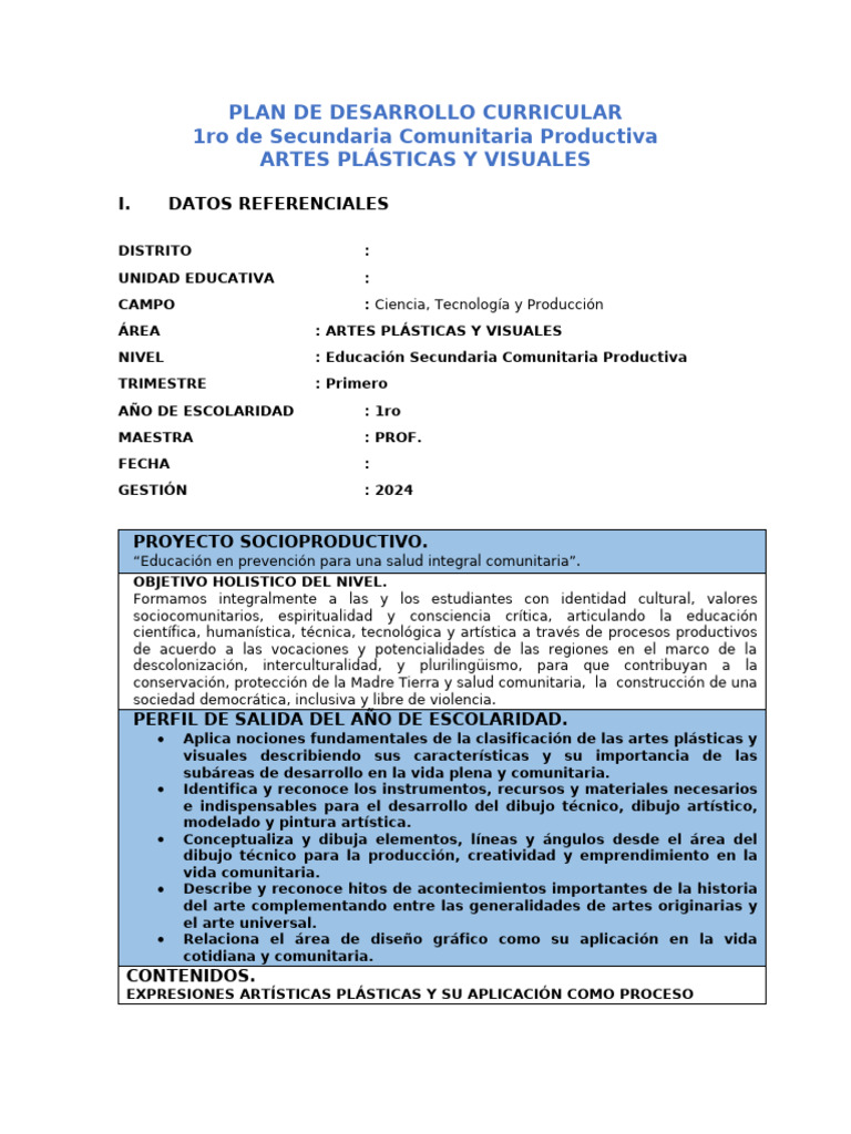 Plan Curricular Artes Plásticas 1ro Secundaria | PDF | Dibujo | Diseño