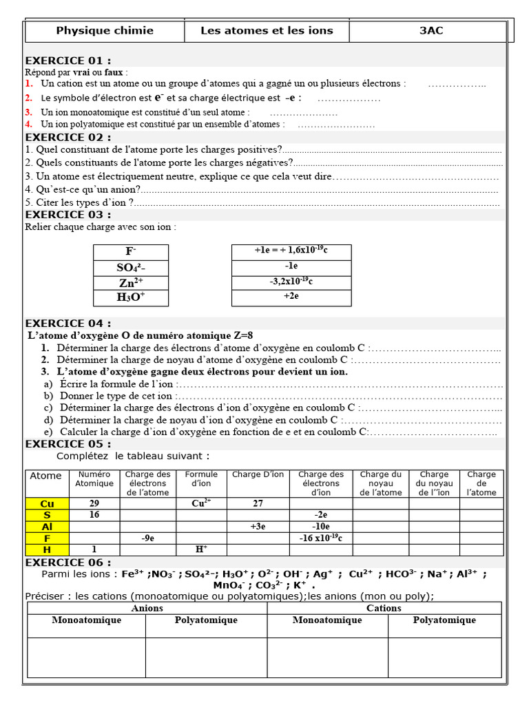Exercices sur atomes et ions en physique chimie | PDF | Ion | Atomes