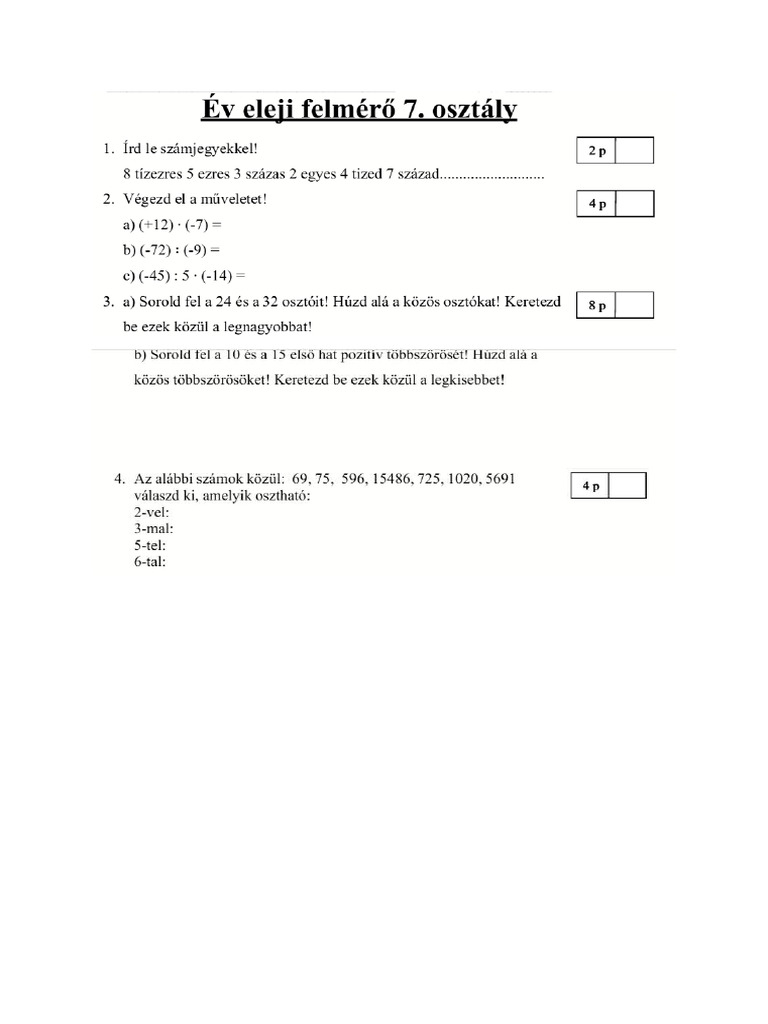 Év Eleji Felmérő Matematika | PDF