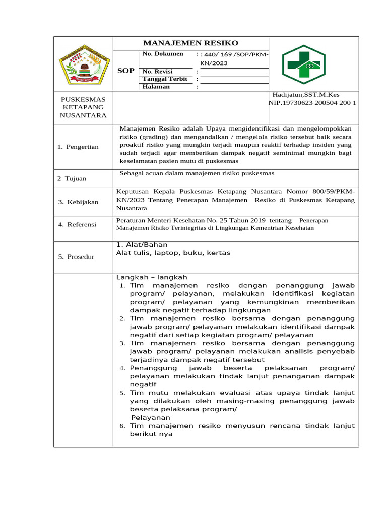 SOP Manajemen Risiko Puskesmas 2023 | PDF