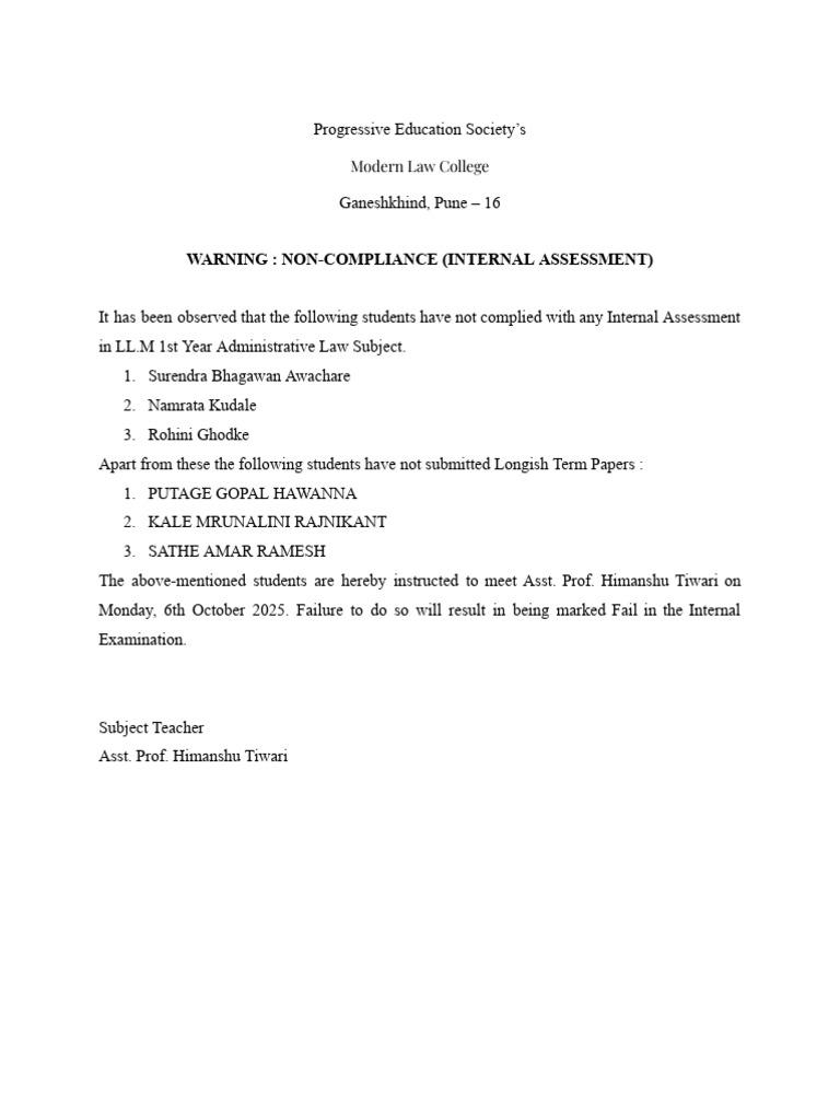 Internal Assessment Non-Compliance Notice | PDF