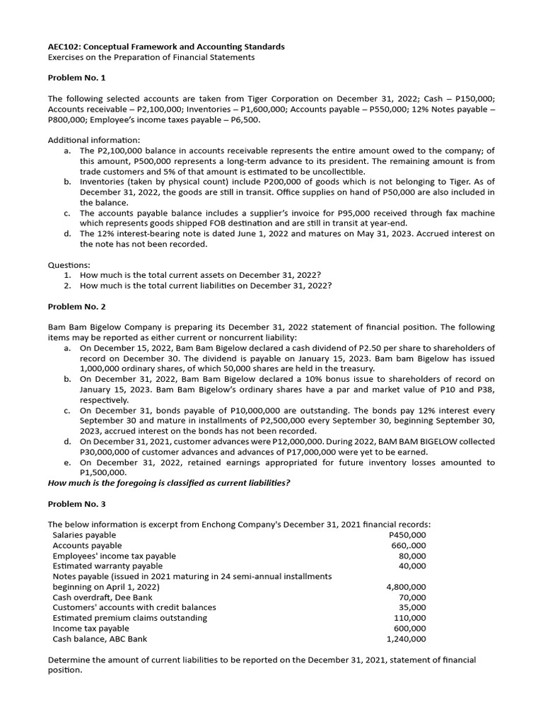 Financial Statement Preparation Exercises | PDF | Debits And Credits ...