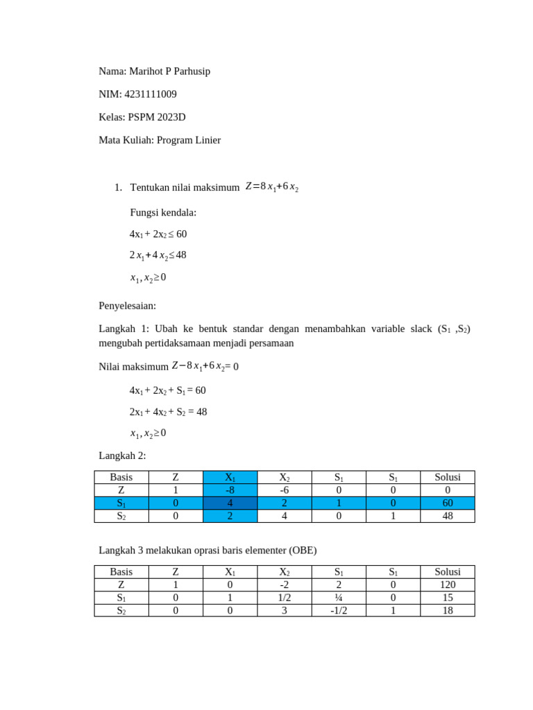 Optimasi Program Linier dengan Simpleks | PDF