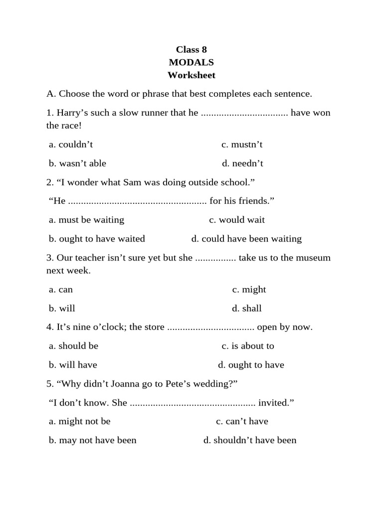 Class 8 Modals Worksheet | PDF