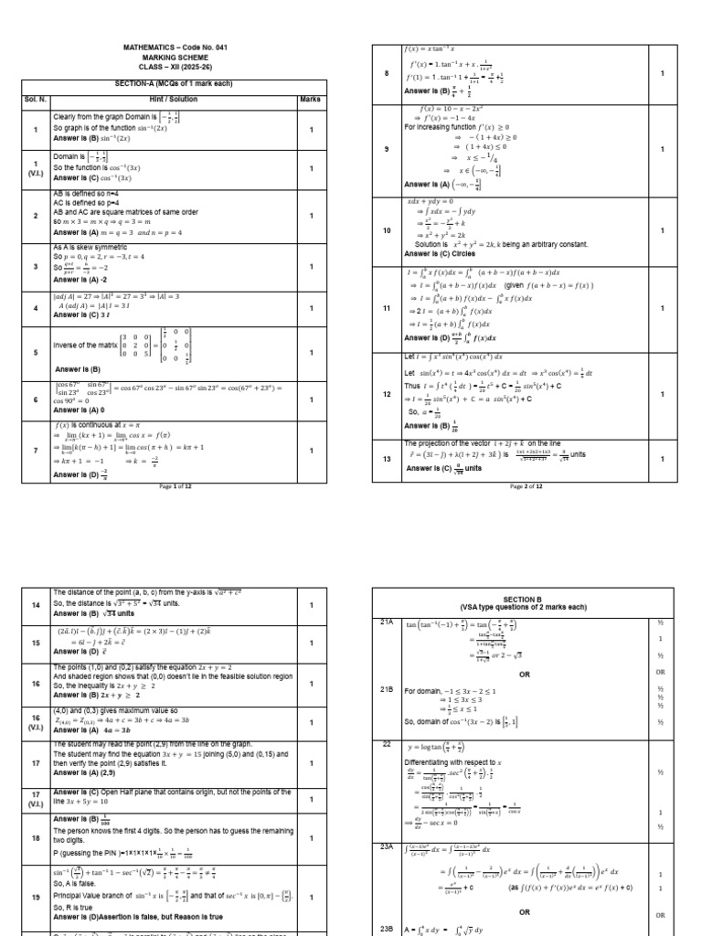 Class 12 Mathematics Marking Scheme 2025-26 | PDF | Inequality ...