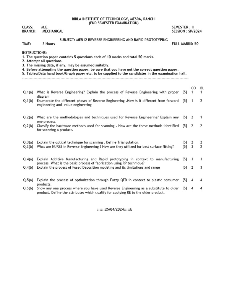 Me512 Reverse Engineering and Rapid Prototyping | PDF | Engineering ...