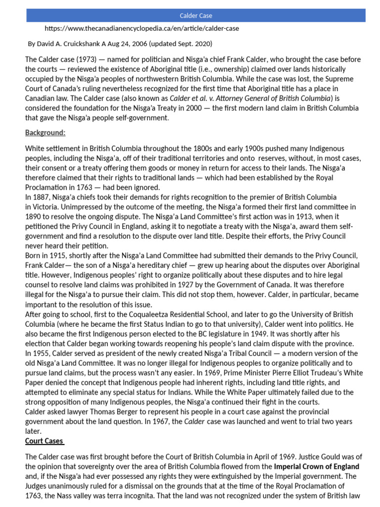 Calder Case: Landmark Aboriginal Title Ruling | PDF | Treaty | Justice