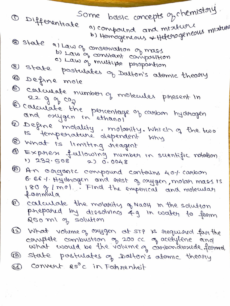 I Puc Chemistry Important Questions | PDF