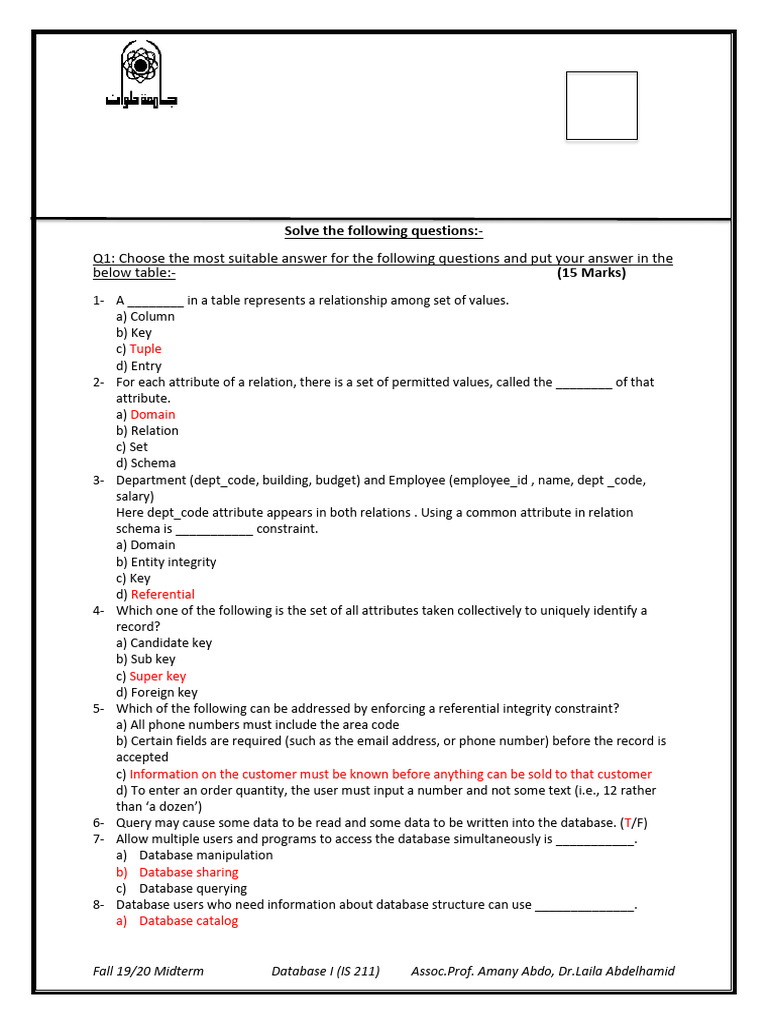 DB1 Midterm Answers Fall 19-20 | PDF | Databases | Data Management Software