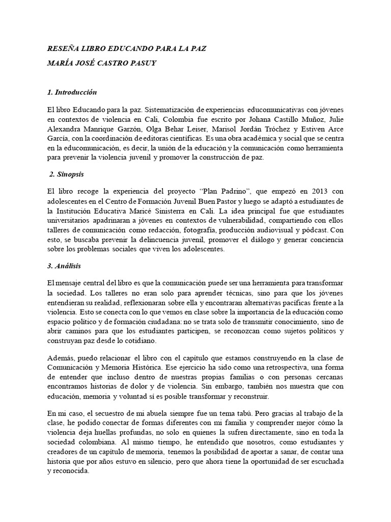 Reseña Educando para La Paz - MJCP | PDF | Memoria