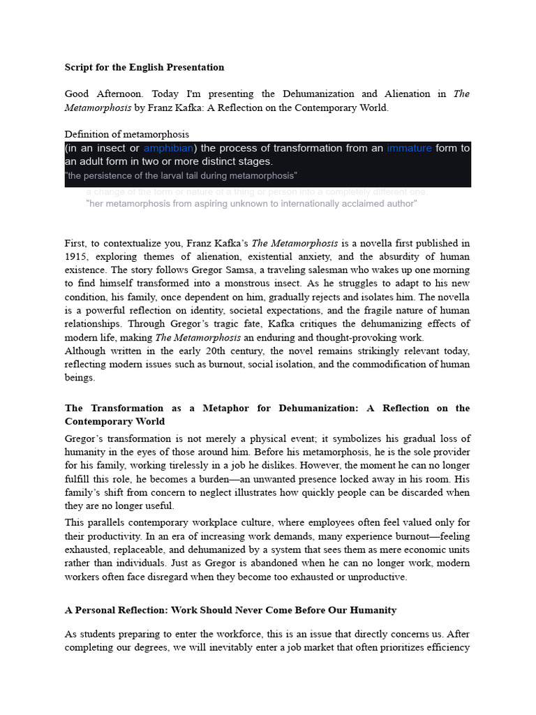 Script For The English Presentation | PDF | The Metamorphosis | Psychology