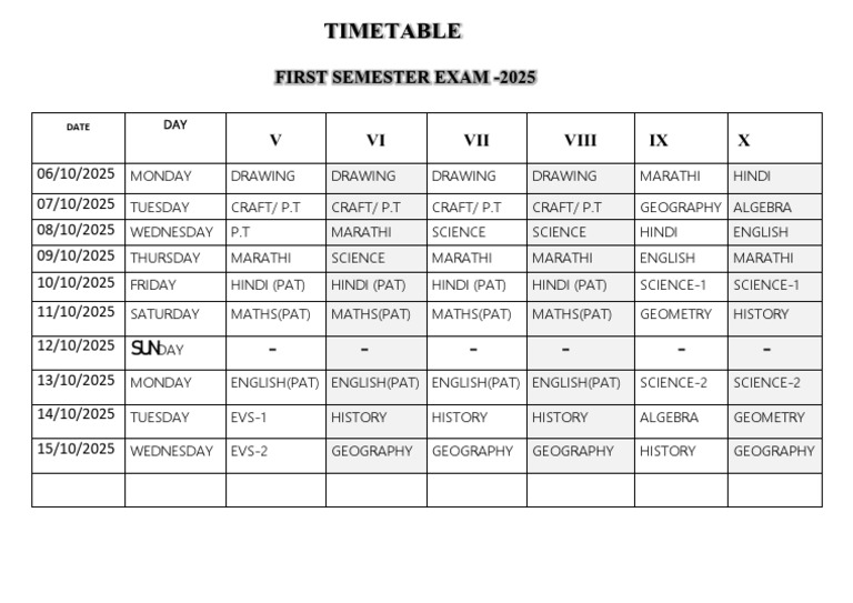 First Semester Exam Timetable 2025 | PDF