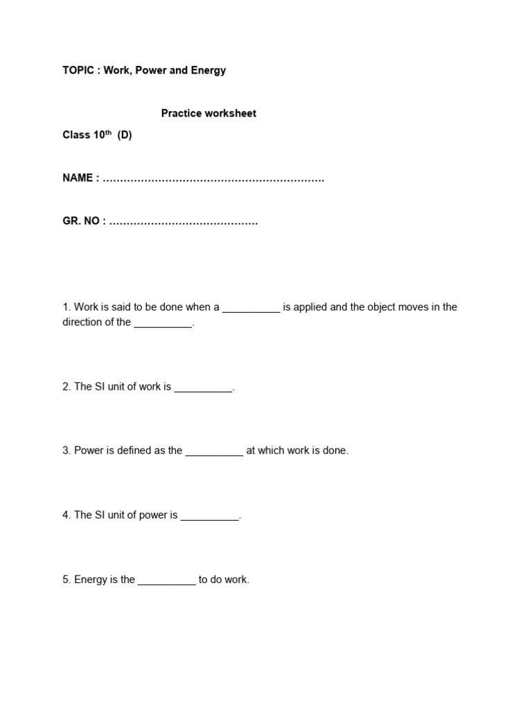 Work, Power, and Energy Worksheet | PDF
