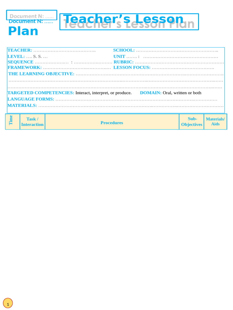 Empty Teacher's Lesson Plan, High School, Vers 3, 25-26 | PDF