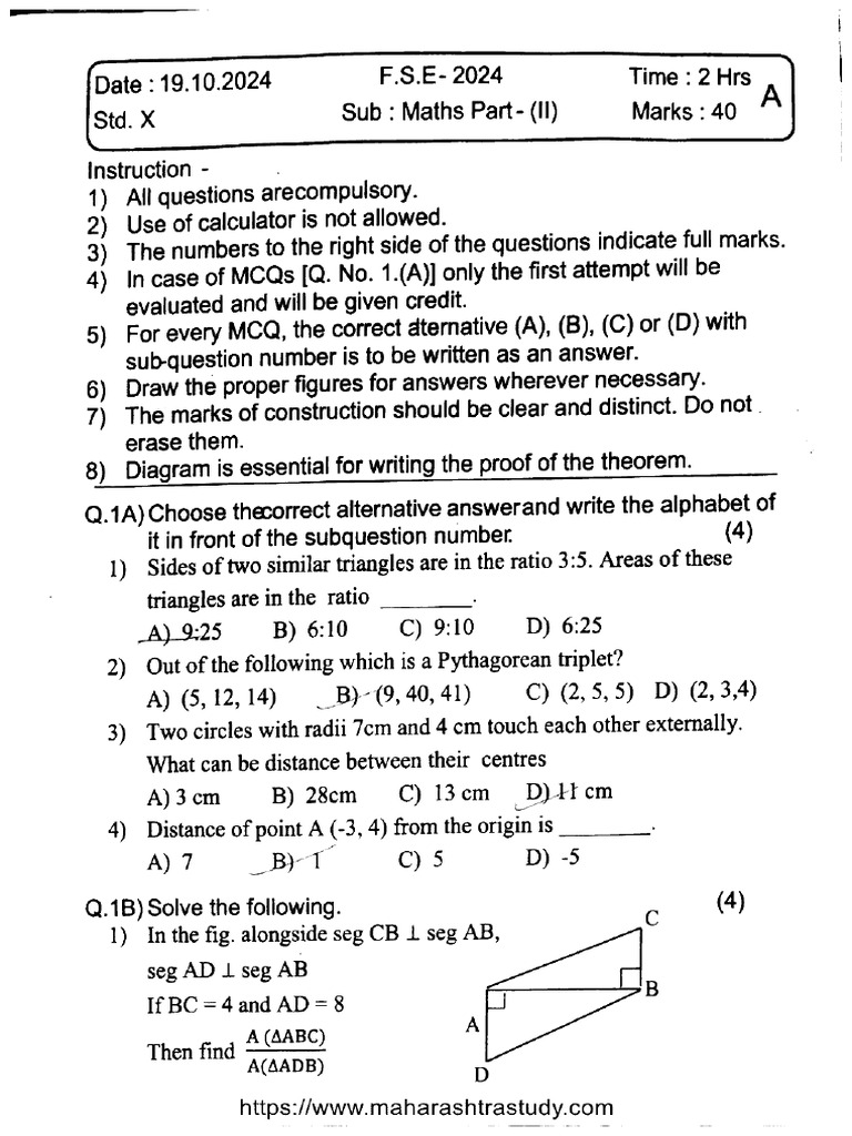 MH Board Class 10 1 Sem Mathematics Part 2 Set A 240425 Oct 2024 | PDF