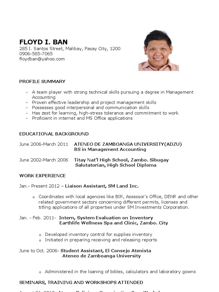 resume format for a fresher graduate