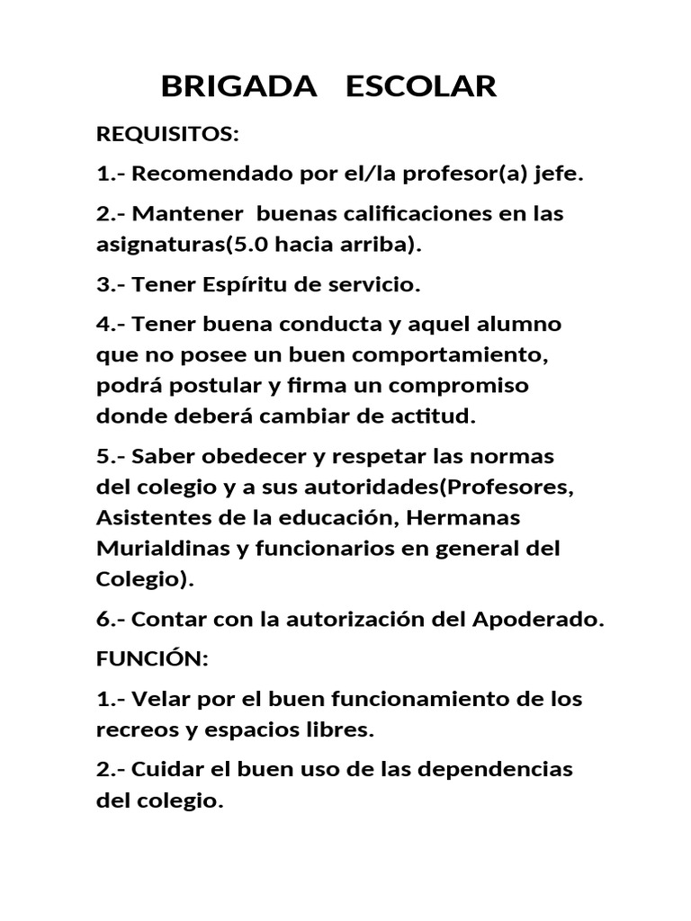 Requisitos y funciones de la Brigada Escolar | PDF