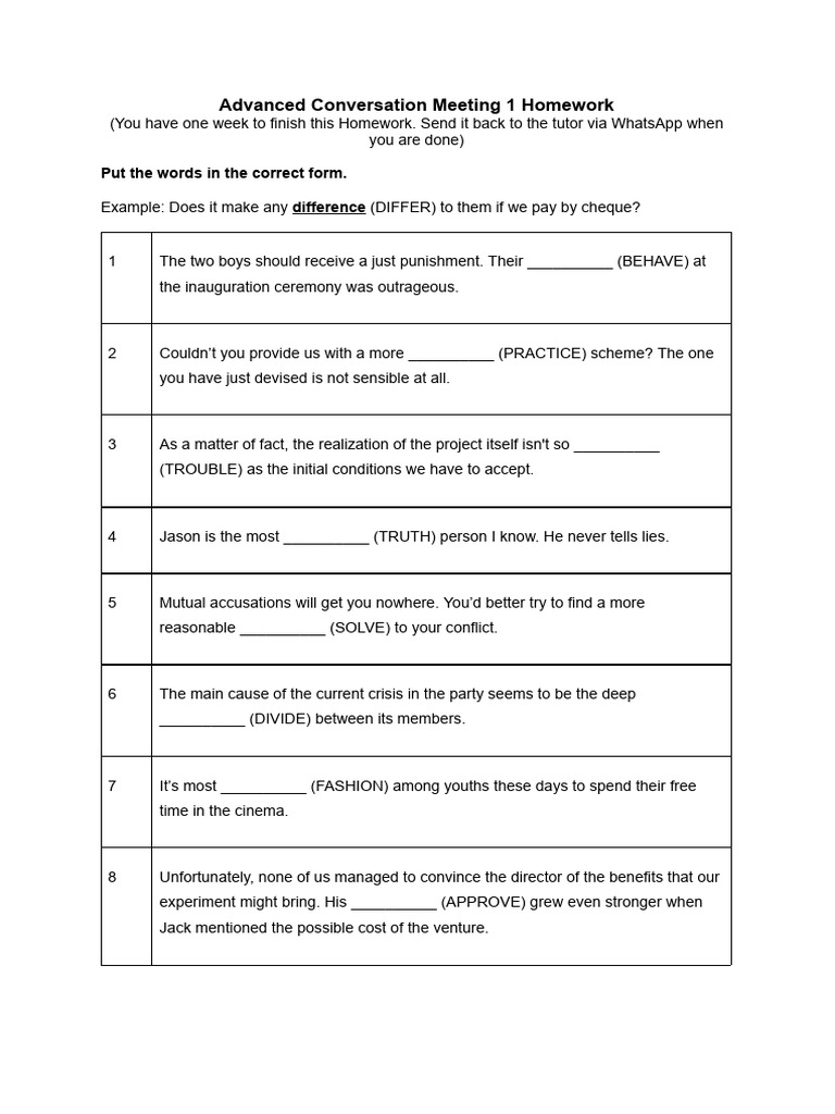 Advanced Conversation Homework Exercise | PDF
