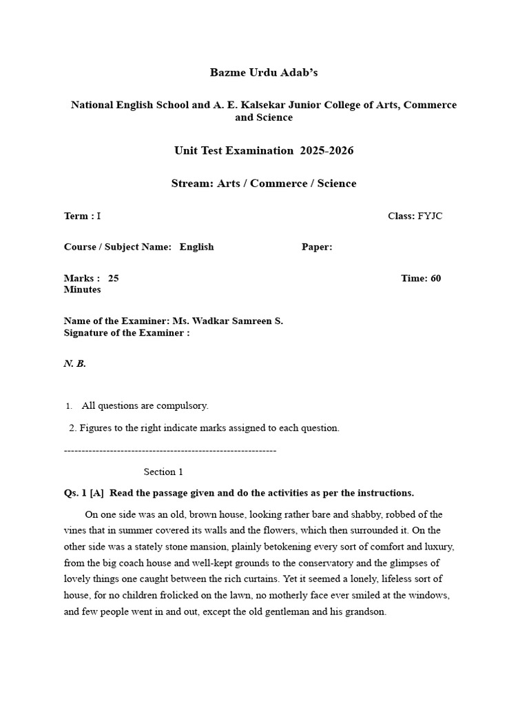 English Unit Test Exam Key 2025-26 | PDF
