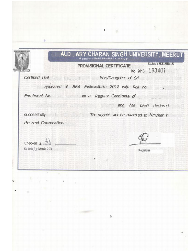 BBA Provisional Certificate for Arora | PDF