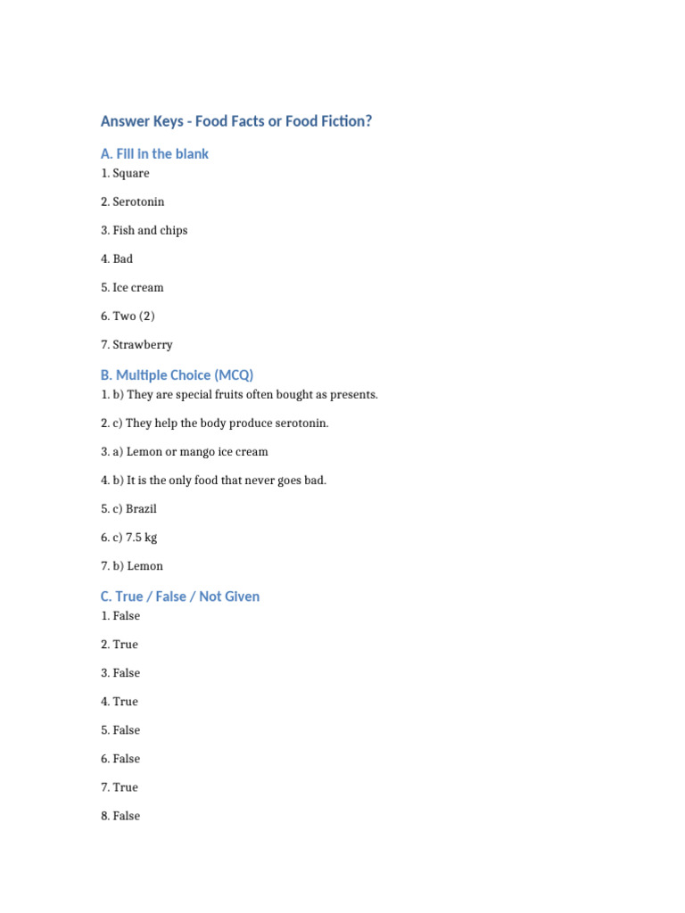 Food Facts Quiz Answer Keys | PDF