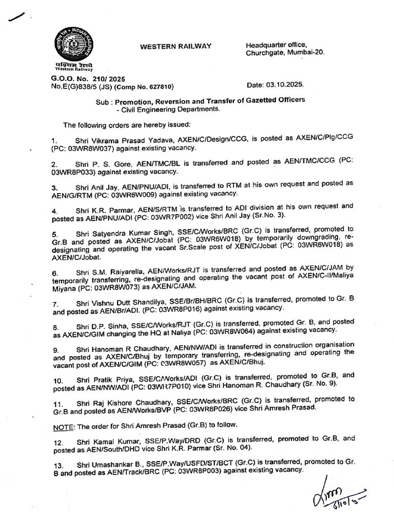 Promotion & Transfer Orders of Gazetted Officers - W.rly | PDF