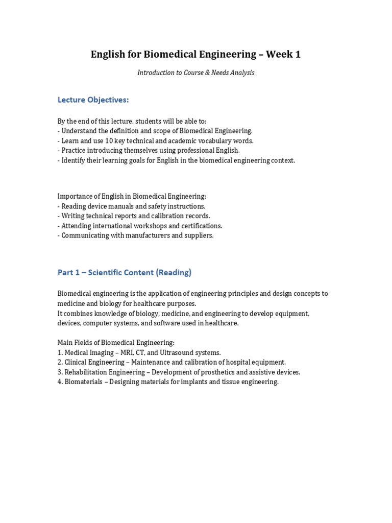 English for Biomedical Engineering Basics | PDF | Biomedical ...