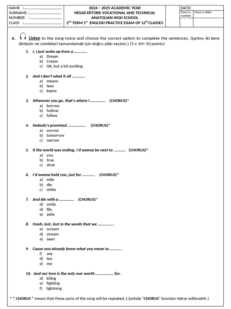 12th Grade English Practice Exam 2024 | PDF | Linguistics