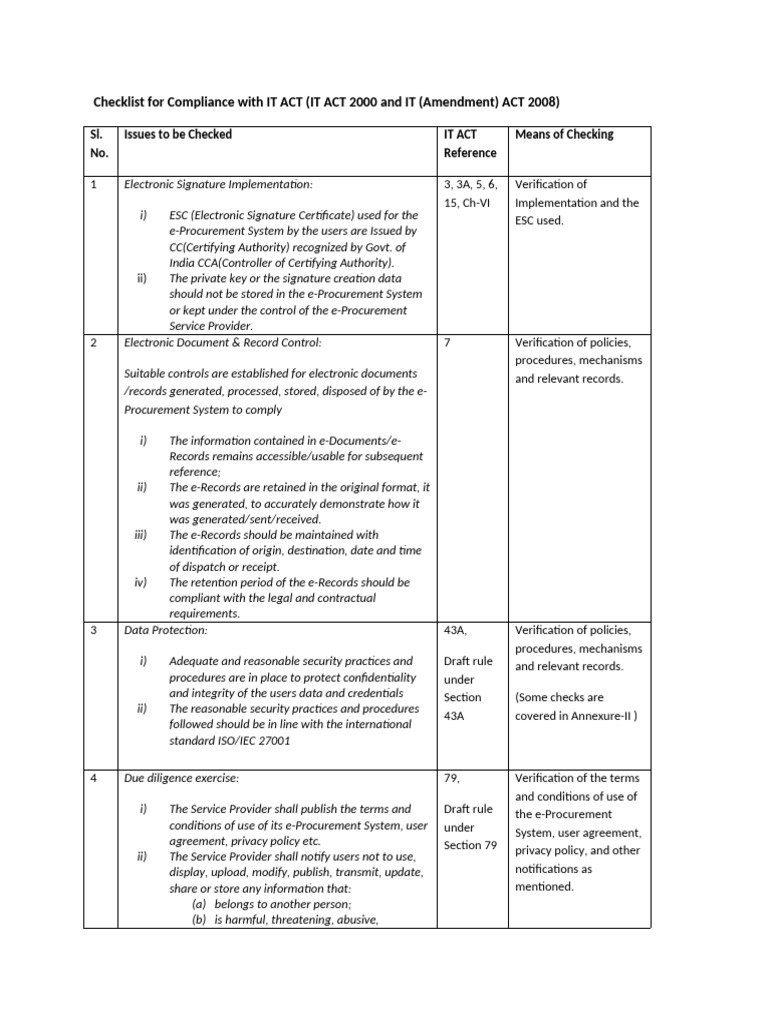 IT Act Compliance Checklist for e-Procurement | PDF | Verification And ...