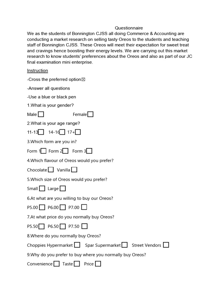 Bonnington CJSS Oreo Market Research Survey | PDF
