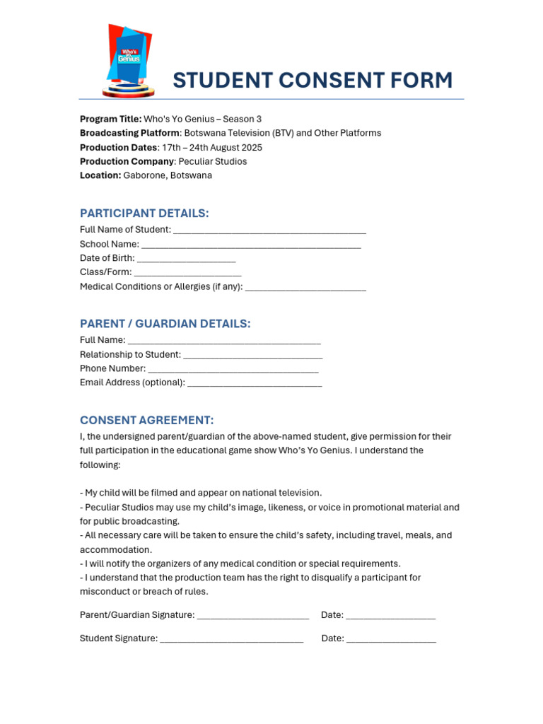 Who's Yo Genius Student Consent Form | PDF