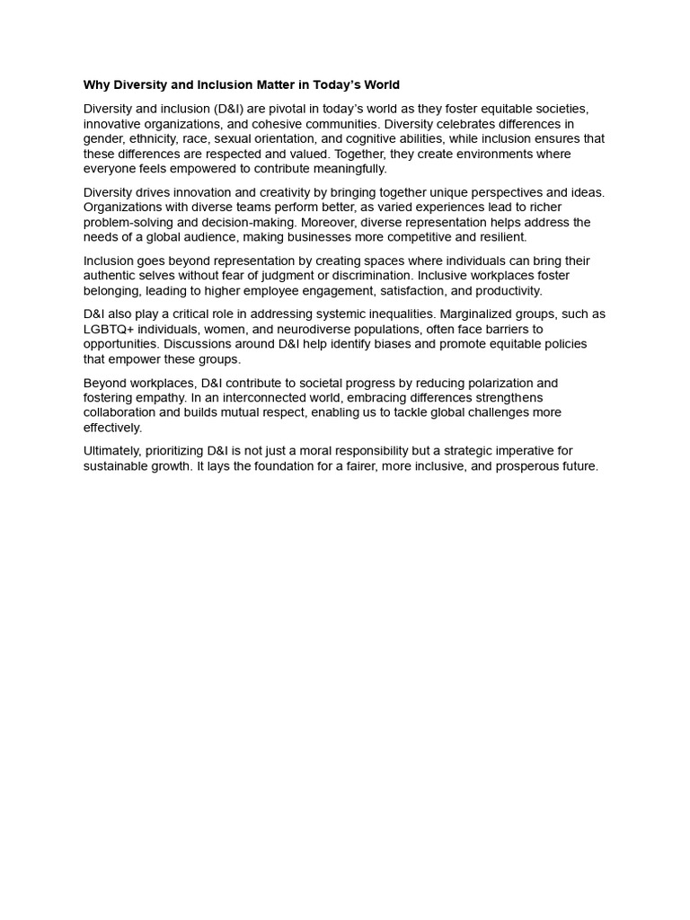 Why Diversity and Inclusion Matter in Today | PDF