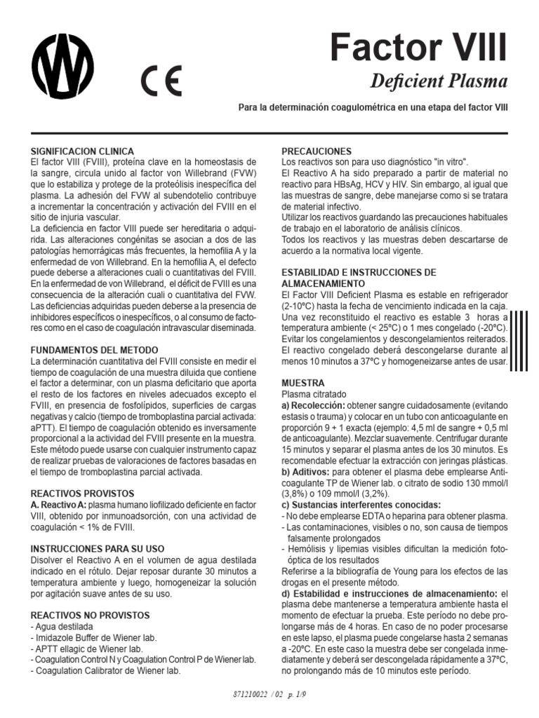 Factor Viii Deficient Plasma | PDF | Hematología | Proteínas de la sangre